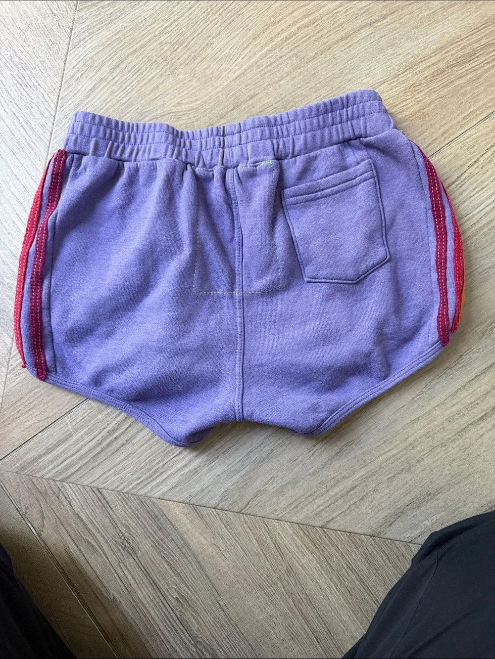 woman Purple Athletic Shorts with Rainbow Side Stripes - Picture 2 of 3